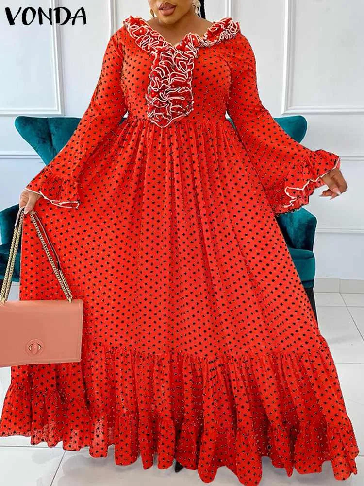 

2022 Fashion Women Dress Polka Dot Print Maxi Dress VONDA Fashion Vestidos Holiday Party Pleated Sundress Casual Robe Femme