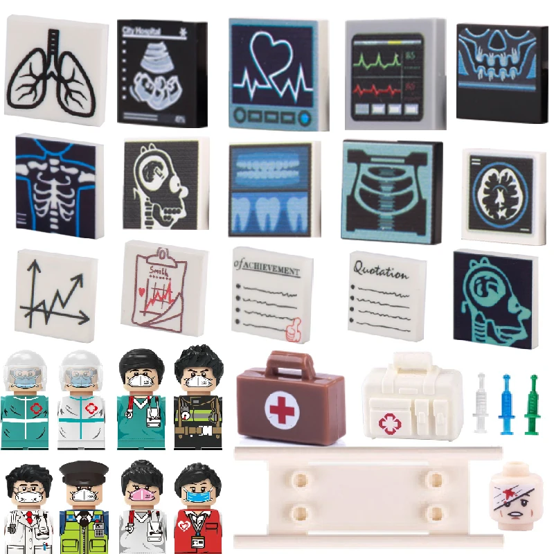 City MOC Hospital Scene CT X-Ray Printed Tiles Doctor Dentist Patient Figures Accessories Medical Box Bricks Toys Children Gift