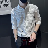 2022 korean summer half sleeve shirts for men plaid casual slim shirt streetwear social party tuxedo blouse men clothing s 3xl