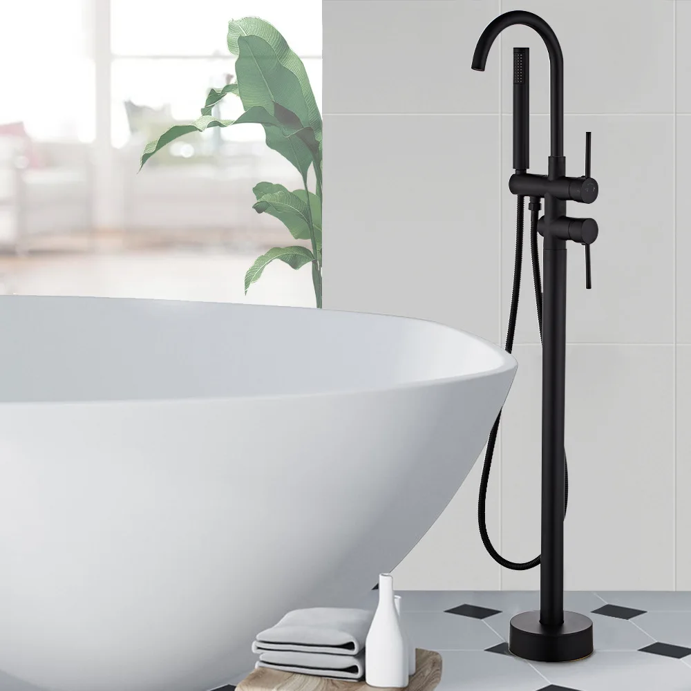 

Black Floorstanding Bathtub Faucet Set Ceramic Handle Floor Mounted Claw Foot Bath Tub Mixers Swive Spout BrassTub Faucet.