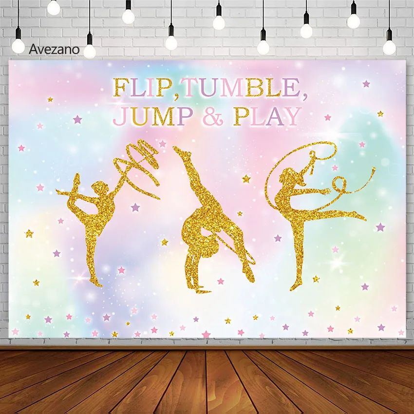 

Flip Tumble Jump Play Photography Background Gymnastics Rhythmic Gold Banner Girl Birthday Party Backdrop Photo Studio Decor