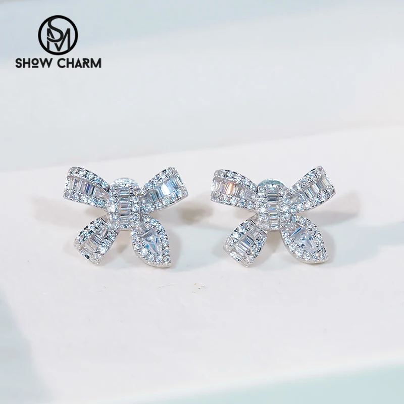 

Trendy S925 Sterling Silver Platinum Plated Studs Earrings Bowknot Full Zircon For Girl Women Fine Jewelry Wedding Party Summer