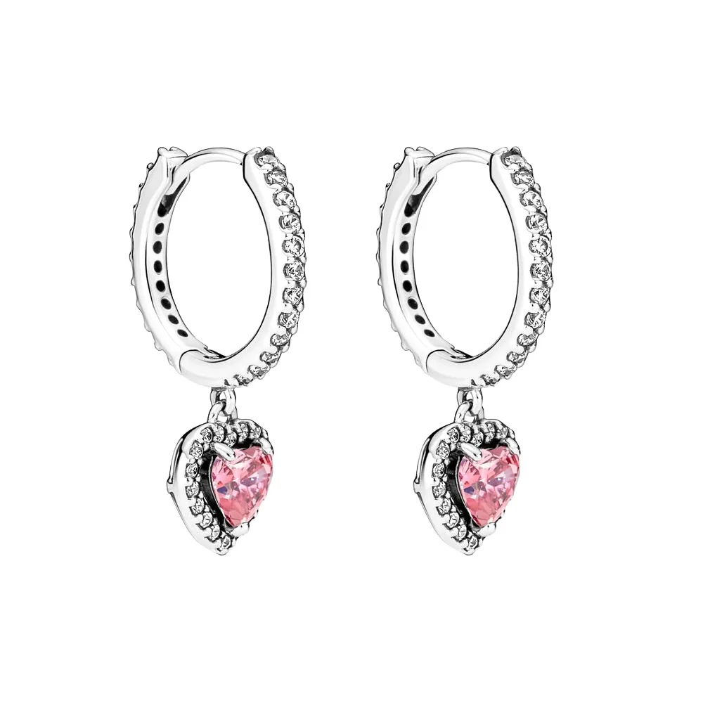 

925 Silver Sparkling Halo Heart Hoop Earrings for Women Anniversary Birthday Mother's Day Gifts fit Pandora Original Jewelry