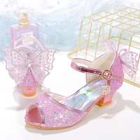 kids shoes for girl sandals casual 2022 korea high heeled fish mouth children crystal butterfly behind dark pink 3 to 14 years