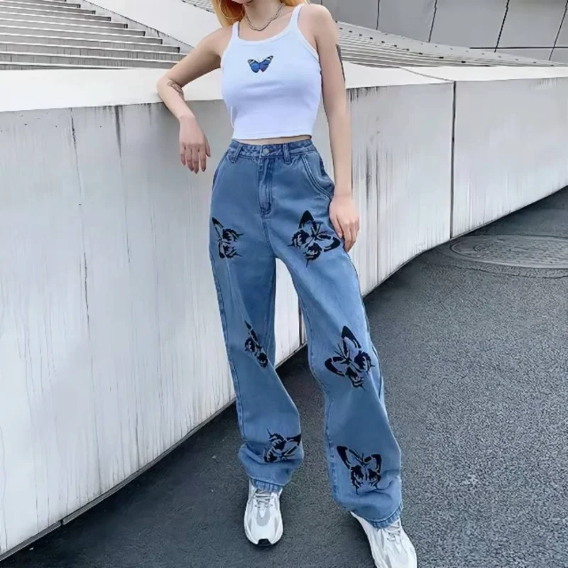 

New Women High Waist Stretch Jeans Design Butterfly Print Fashion Wide Leg Pants Casual Loose High Quality Straight Leg Trousers