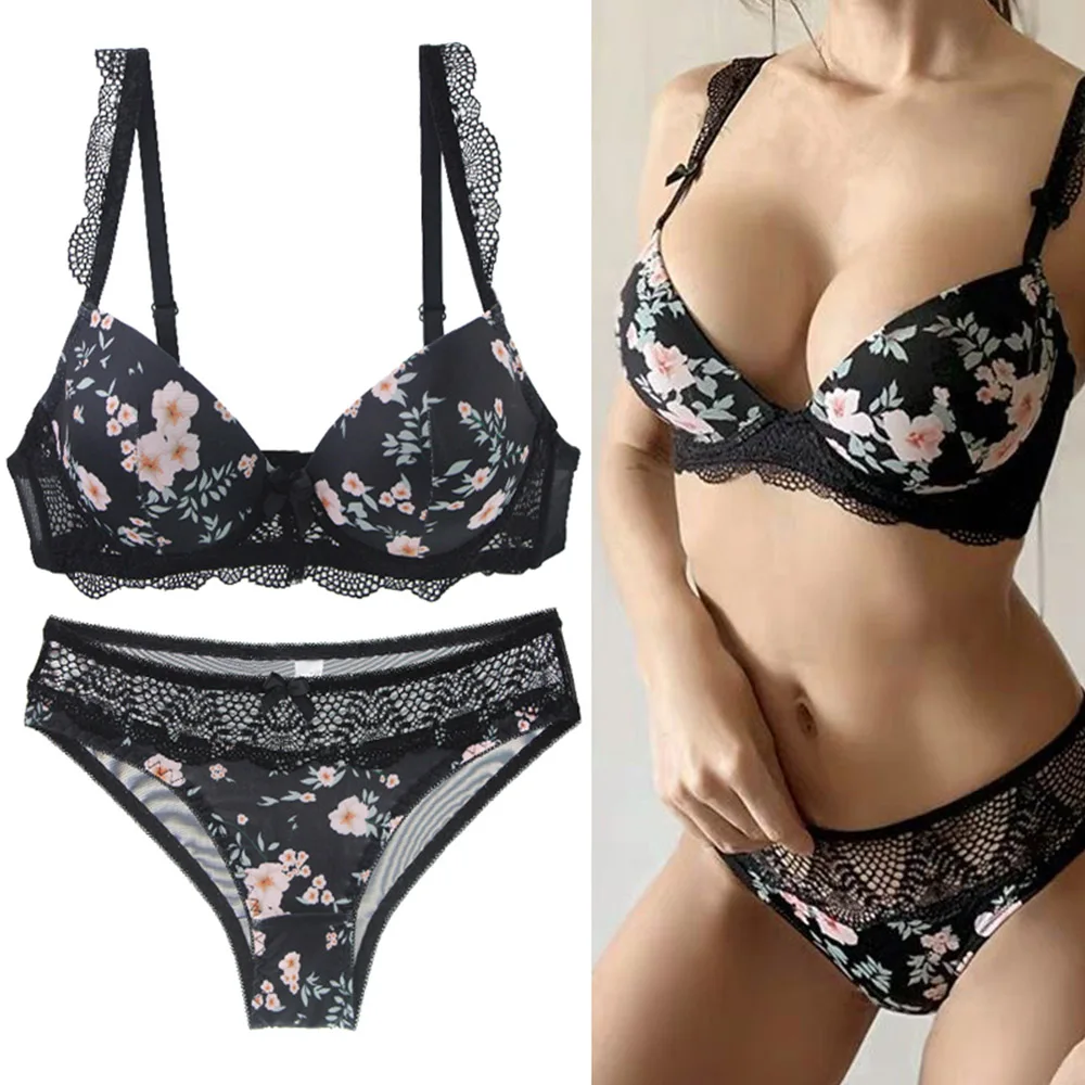 New Women's Push Up Sexy Bra Set Padded Black Underwear&Panties Comfortable Breathable Bra Set Sexy Lace Bras For Women