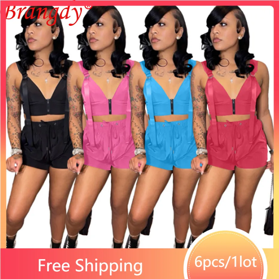 

6sets Wholesale Summer Clothing Personality Crop Top Shorts Suits Women Tracksuit 2 Piece Set Outfits Fashion Sportswear B9687