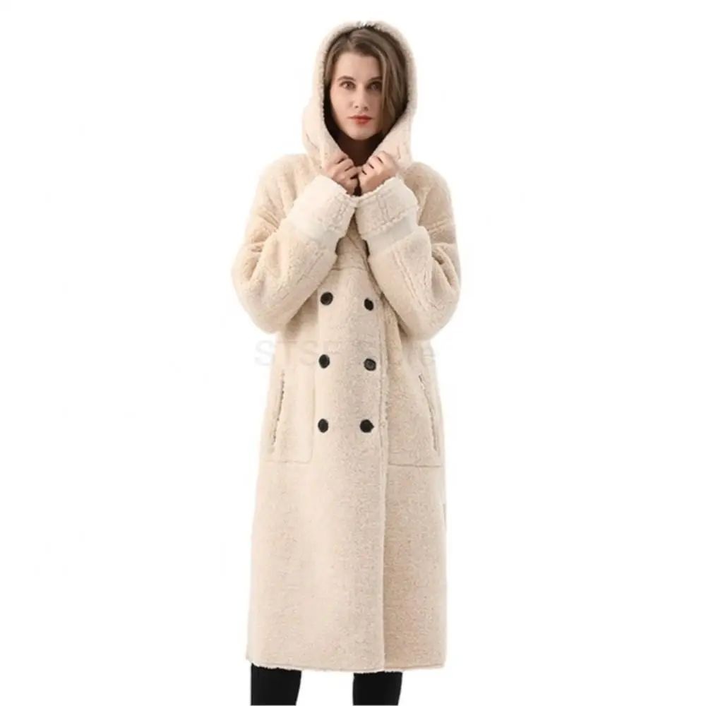 Women Winter Hooded Real Suede Fur Coat Turn Down Collar Double Breasted Long Coat Casual Pocket Women Belted Jacket