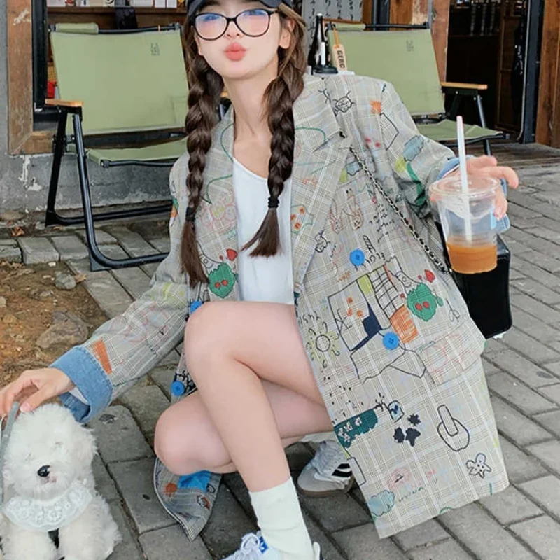 High Street Y2K дизайн граффити клетчатый пиджак куртка свободное пальто на заказ