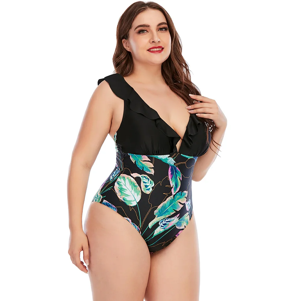 

2022 New Large Size One-piece Swimsuit Plus Fertilizer One-piece Printed Color-blocked Ruffled Swimsuit Plus Size Swimwear
