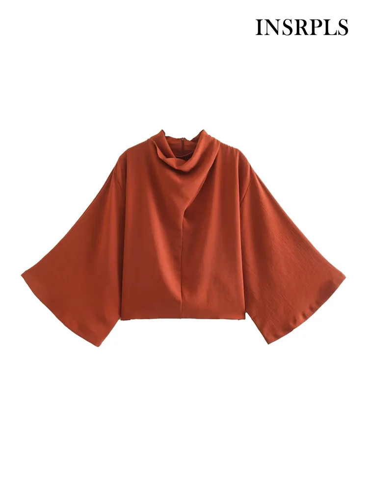 

INSRPLS Женская мода с запахом воротник плиссированные блузки винтажные три четверти с широким рукавом Женские рубашки Блузы шикарные топы
