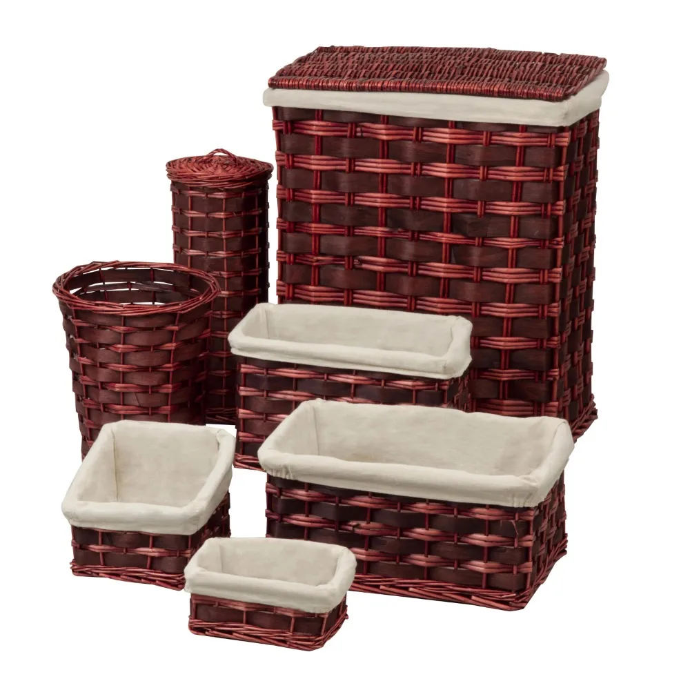 

7-Piece Wicker Laundry Hamper and Bath Combo Set, Chocolate Brown Bag Washing Bin Organizer