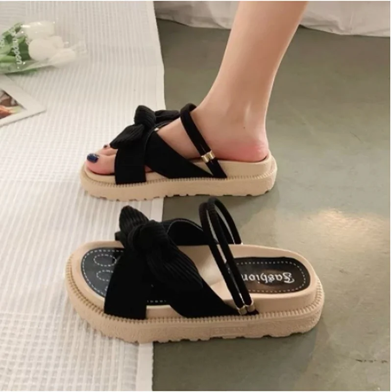 

New Style Fairy Style Lady Summer Slippers Thick Platform Flat Sandals with Butterfly-Knot Summer Flip Flops Sandals Women