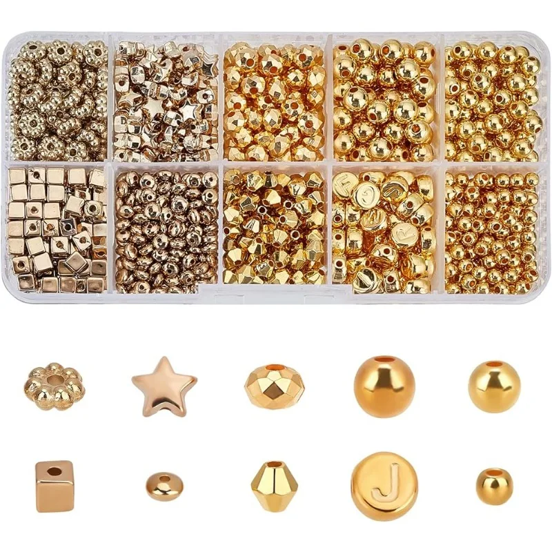 

1240Pcs Golden Spacer Beads Golden Daisy Spacer Bead Star Round Rondelle Cube Spacer Column Bead for DIY Jewelry Making