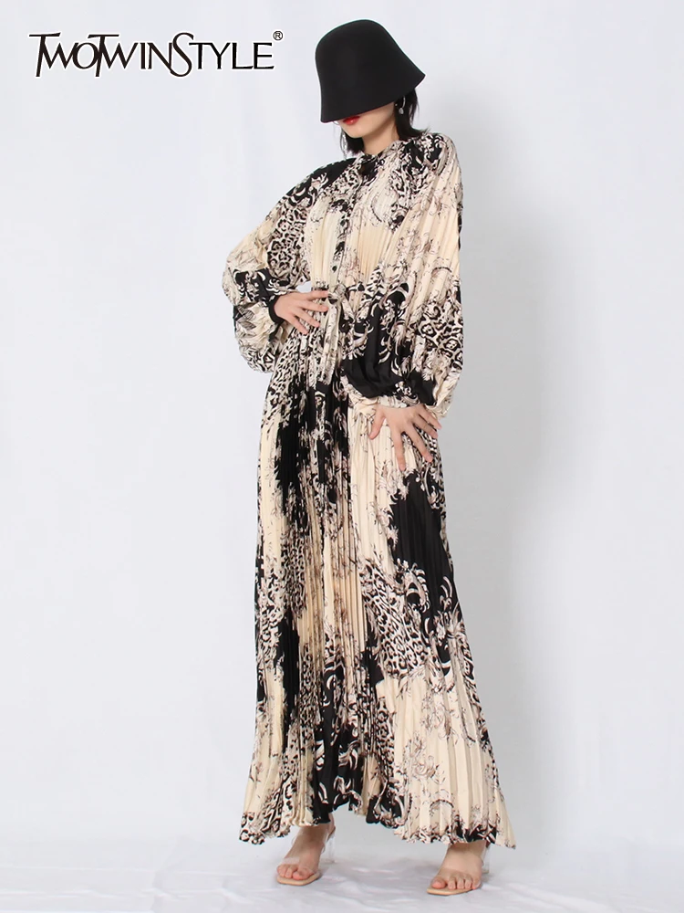 

TWOTWINSTYLE Casual Print Colorblock Dress For Women Stand Collar Lantern Sleeve High Waist Elegant Dresses Female Clothing 2022