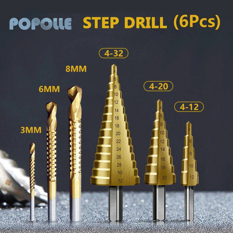 

6pcs/set High Speed Steel Titanium Coated Straight Groove Step Drill Bit Triangle Shank Metal Drilling PVC Plate Hole Opener
