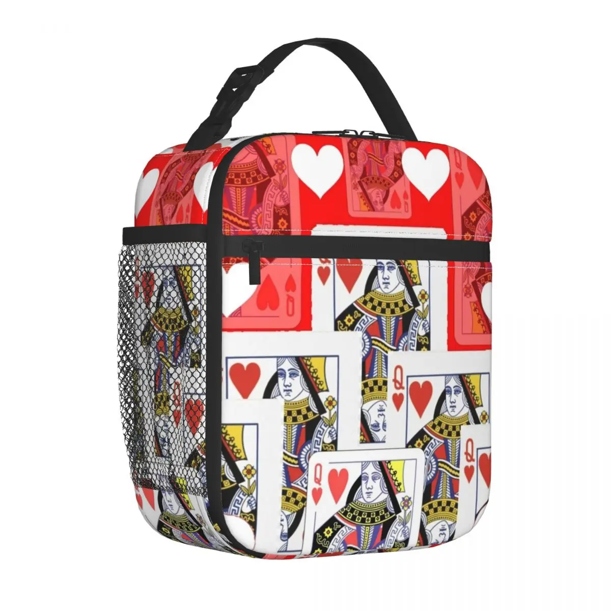 

Poker Cards Lunch Bag with Handle Red Queen Heart Cooling Mesh Pocket Cooler Bag Camping Beautiful Meal Thermal Bag