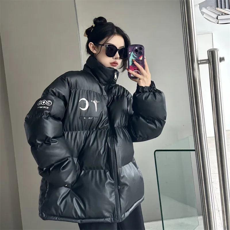 Winter Oversized Leather Warm Parka High Street Black Stand Collar Long Sleeve Vintage Jacket Women Harajuku Fashion Coat 2022