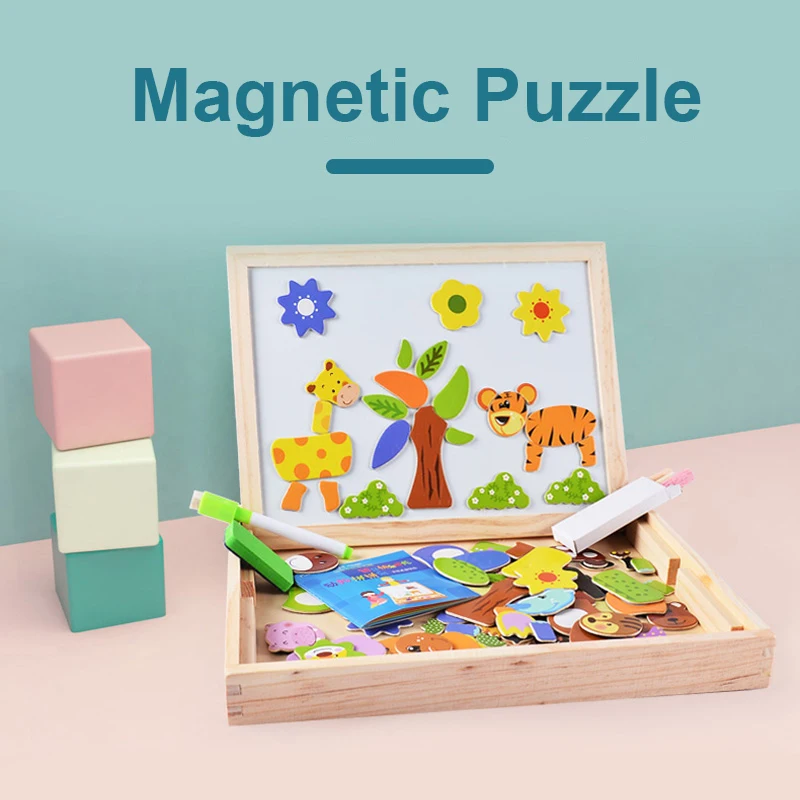 

DIY Writing Magnetic Blackboard Animal Puzzle Wooden Multifunction Board Childrens STEAM Gift Magnetic Puzzle Figure Animals