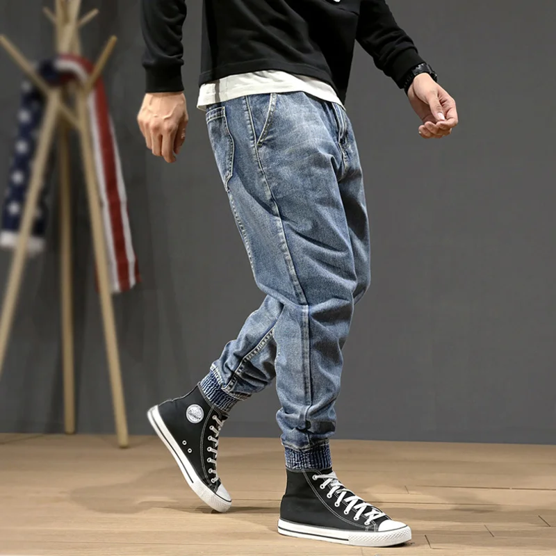 

Streetwear Blue Fashion Color Loose Fit Spliced Designer Harem Pants Size 28-42 Slack Bottom Hip Hop Joggers Jeans Men
