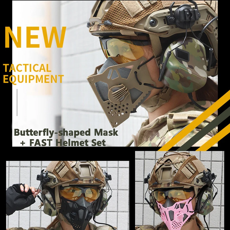 Tactical Airsoft Paintball Mask With Replaceable Filter Element Mask +FAST Helmet Set Butterfly Shape Protection Dustproof Mask