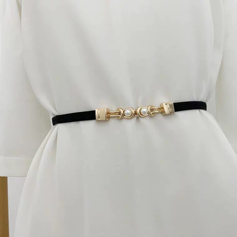 

Waistband Woman Black Belt Small Elastic Belt Decoration Dress Blouse With Pearl Buttoning Belt Leather Belt Strap Accessories