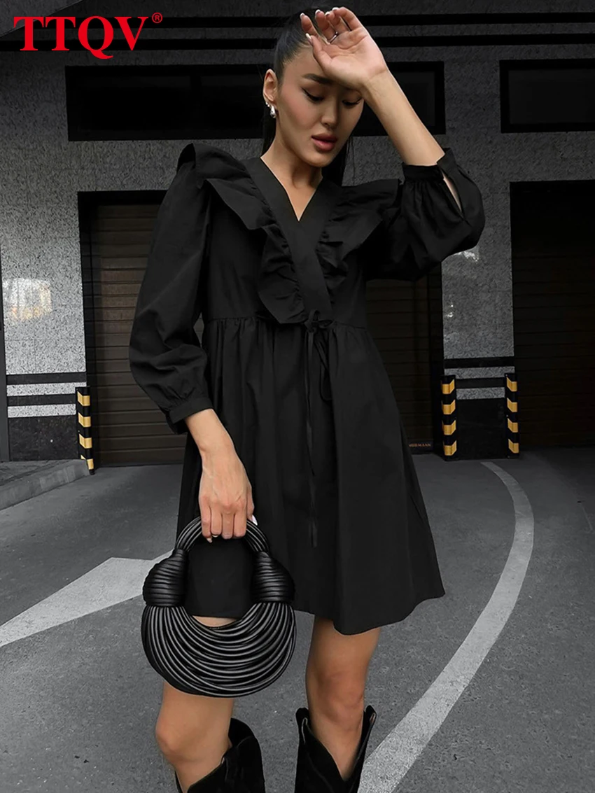 

TTQV модные черные платья с V-образным вырезом для женщин 2023 элегантные платья с рукавом три четверти и высокой талией повседневные однотонные мини-платья на шнуровке