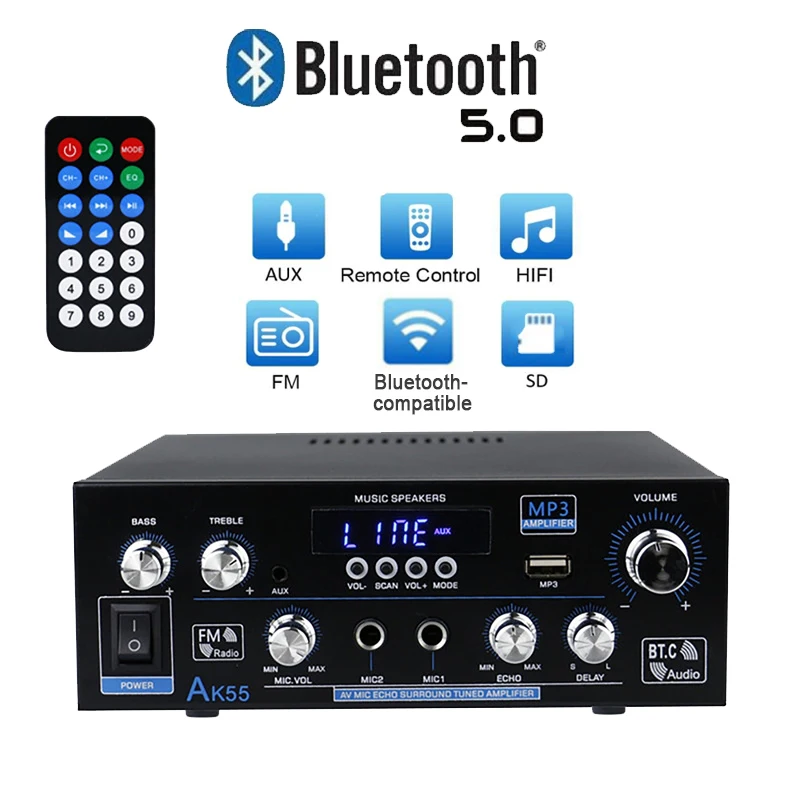 

110-240V Home Digital Amplifiers Audio AK35 AK45 AK55 Bass Audio Power Bluetooth Amplifier Hifi FM Auto Music Subwoofer Speakers
