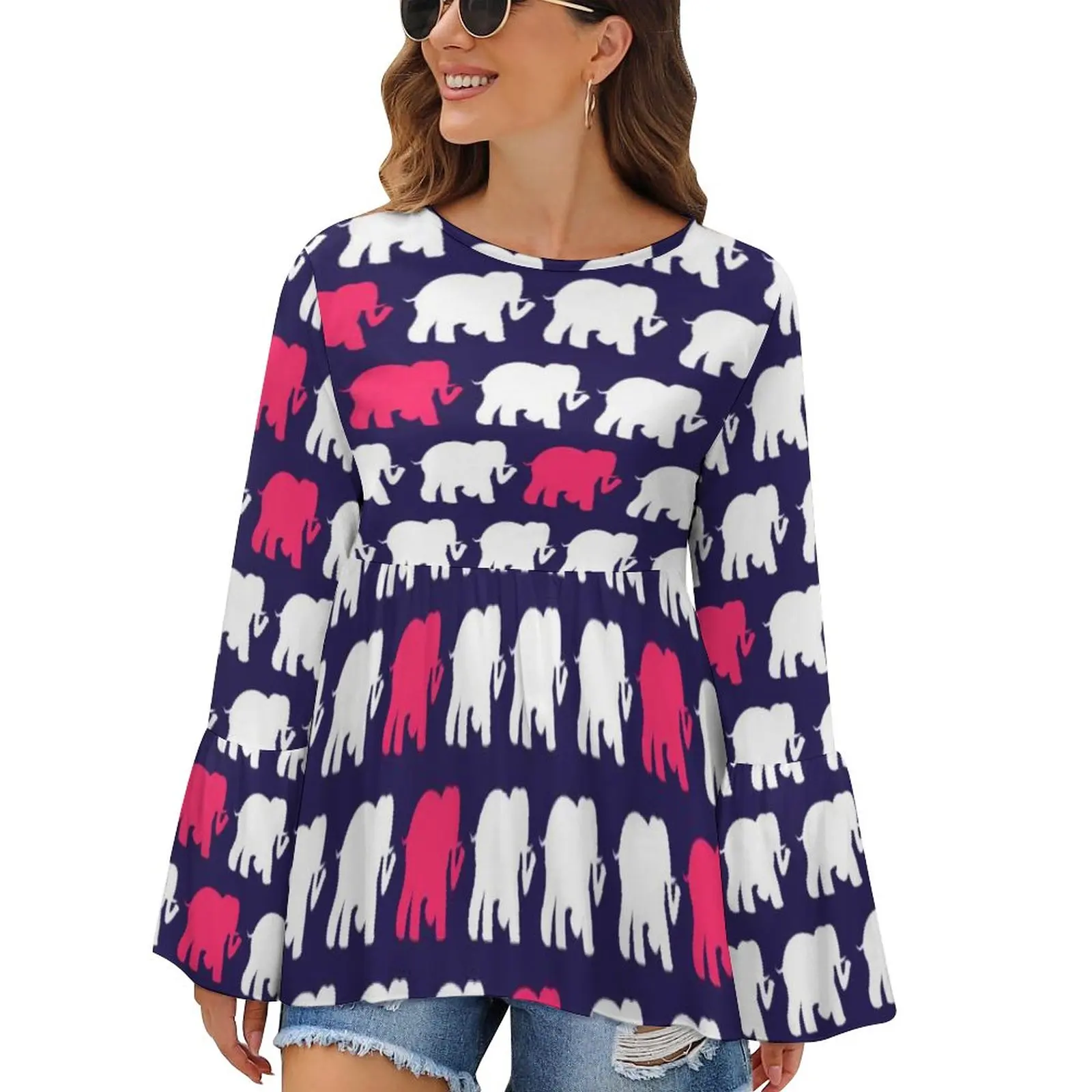 

Elephant Art T Shirts Blue and Pink Elephants Design Funny T-Shirt Long Sleeve Korean Fashion Tops Cheap Oversized Graphic Tees