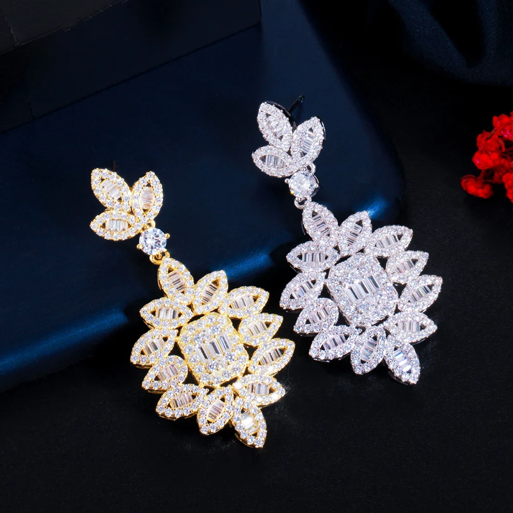 

ThreeGraces High Quality Cubic Zirconia Leaf Shape Bridal Wedding Long Dangle Drop Earrings for Women Gold Color Jewelry E1094