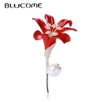 blucome copper inlaid zircon red lily shape brooch womens floral pin fashion clothing jewelry accessories