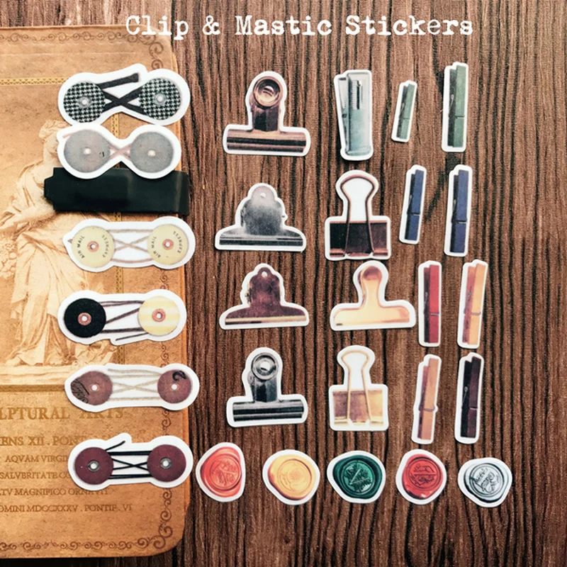 

27 Pcs Vintage Clip Mastic Seal Stamp Stickers Junk Journal Ephemera DIY Album Collage Aesthetic Stickers Scrapbooking Material