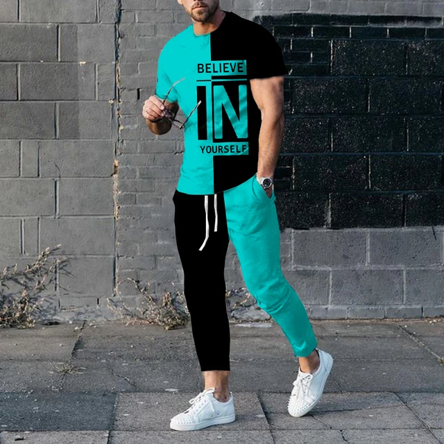 Men's 2 Piece Sets Oversized Sportwear Suit Fashion Short Sleeve Tshirt+Trousers Jogging Set Male Clothing 2 Piece Sets Outfit