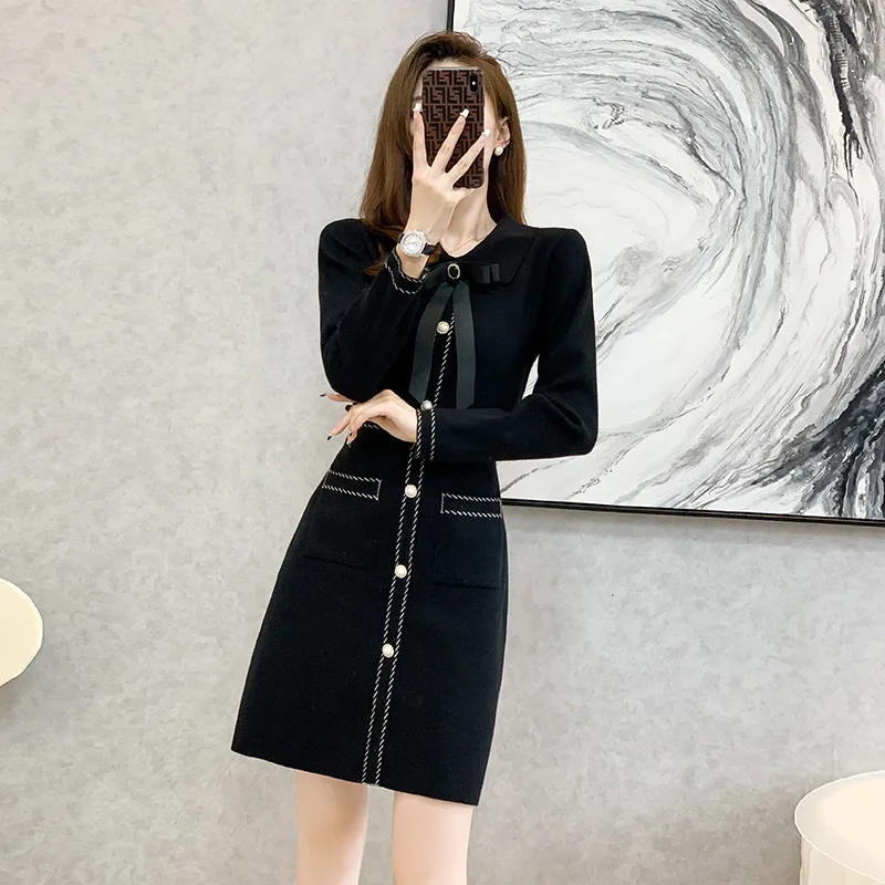 

Woman Knitted Casual Sweater Dress Female Autumn Knit Long Sleeve Dress Ladies Loose Casual Dress A-line Button Vestidos G277