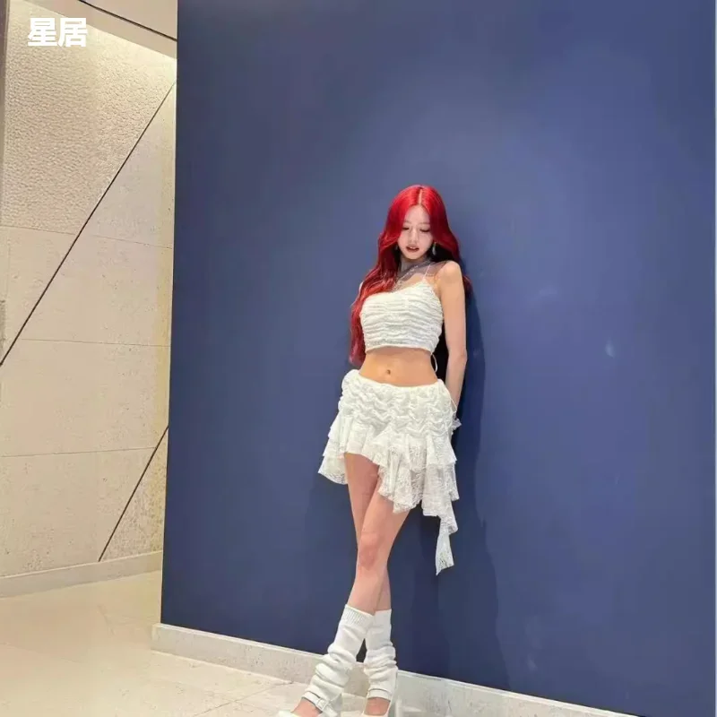 Женский костюм джазового танца белый кружевной топ на бретельках необычная юбка