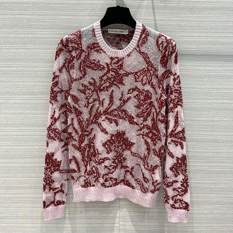 

Fashion Runway Cashmere Knitting Pullover Women Autumn Sweater O-neck Long Sleeve Flower Jacquard Pattern Wool Soft Jumper Tops