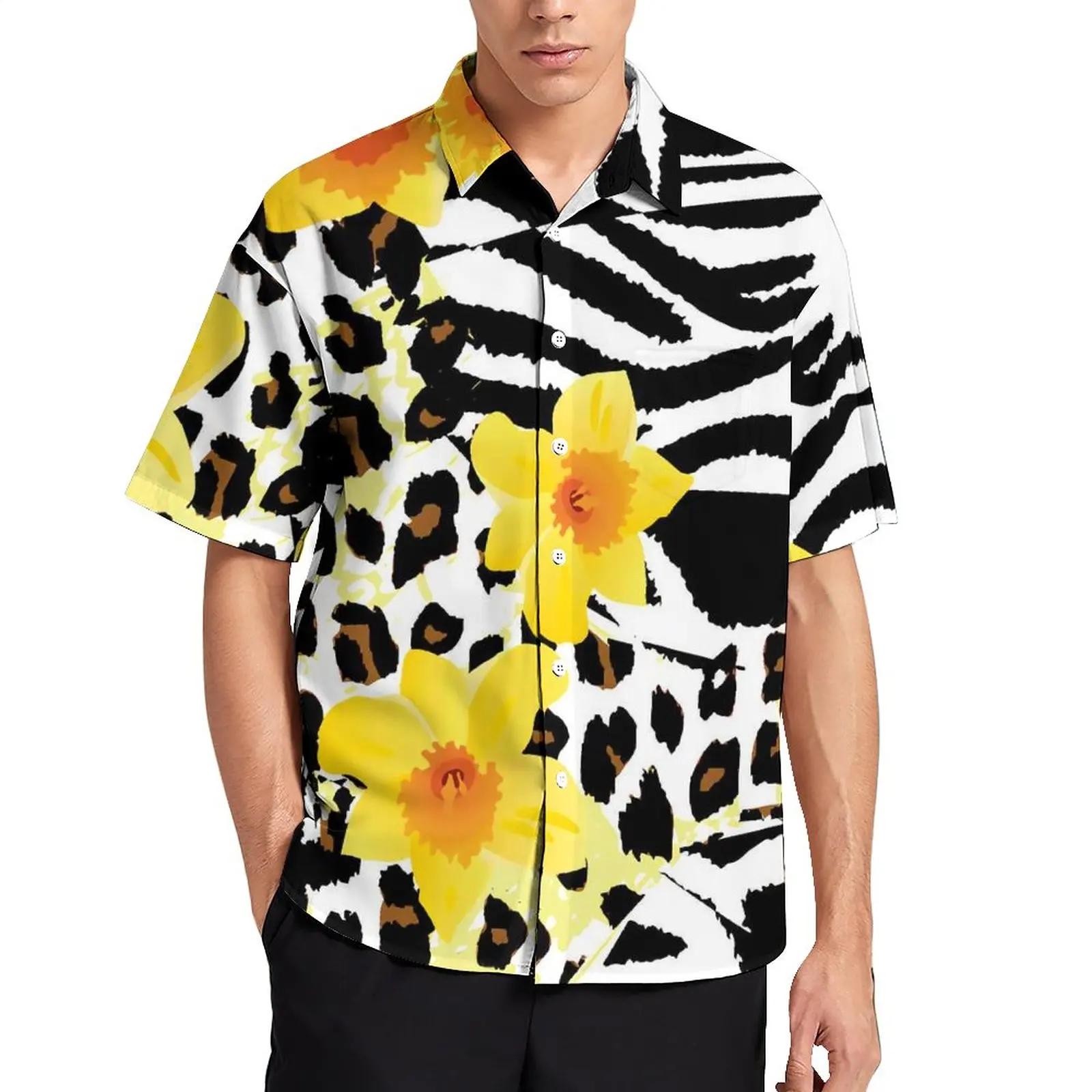 

Black Leopard Beach Shirt Flowers Print Hawaiian Casual Shirts Men Harajuku Blouses Short Sleeve Graphic Top Plus Size 4XL