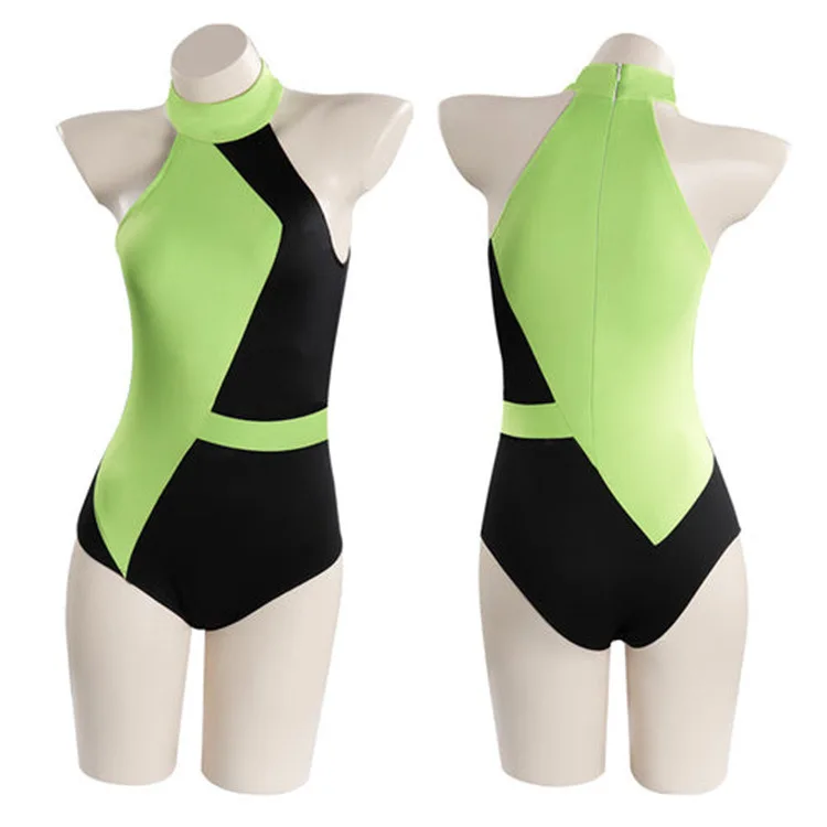

Kim Possible Shego Super Villain Green and Black Derivative Spliced Bikini Vest Split Swimsuit Swimming Cosplay Costume