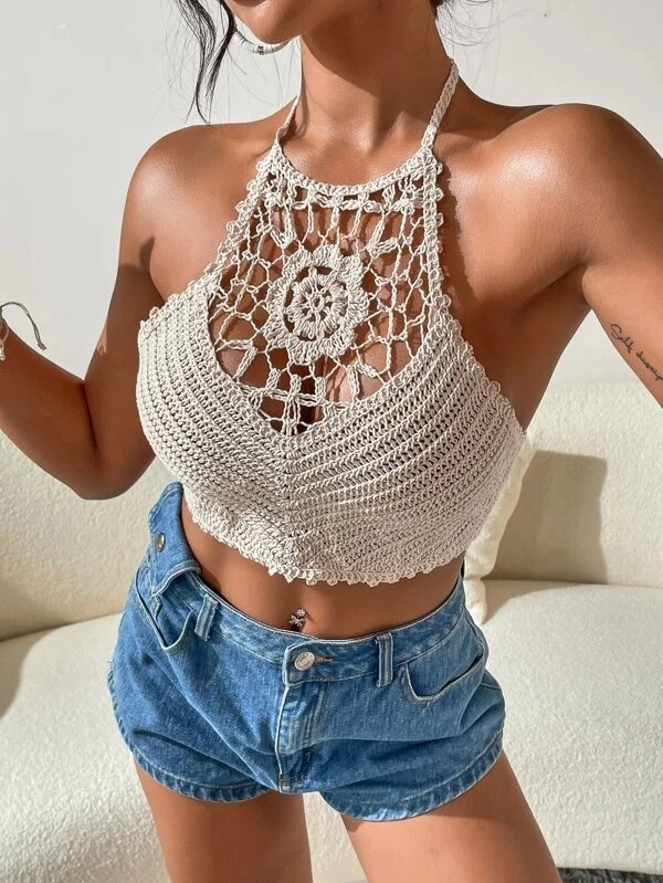 Ажурная Праздничная пляжная блузка укороченный топ вязаный летний стильный Топ