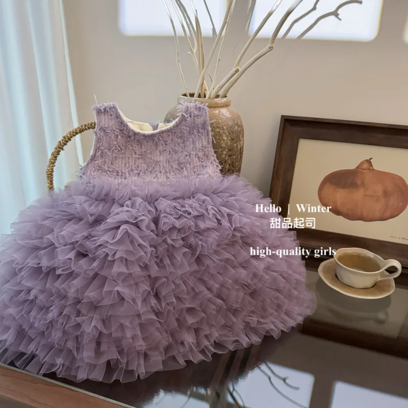 Фиолетовое платье для маленьких девочек новинка 2024 осенне-зимнее модное простое