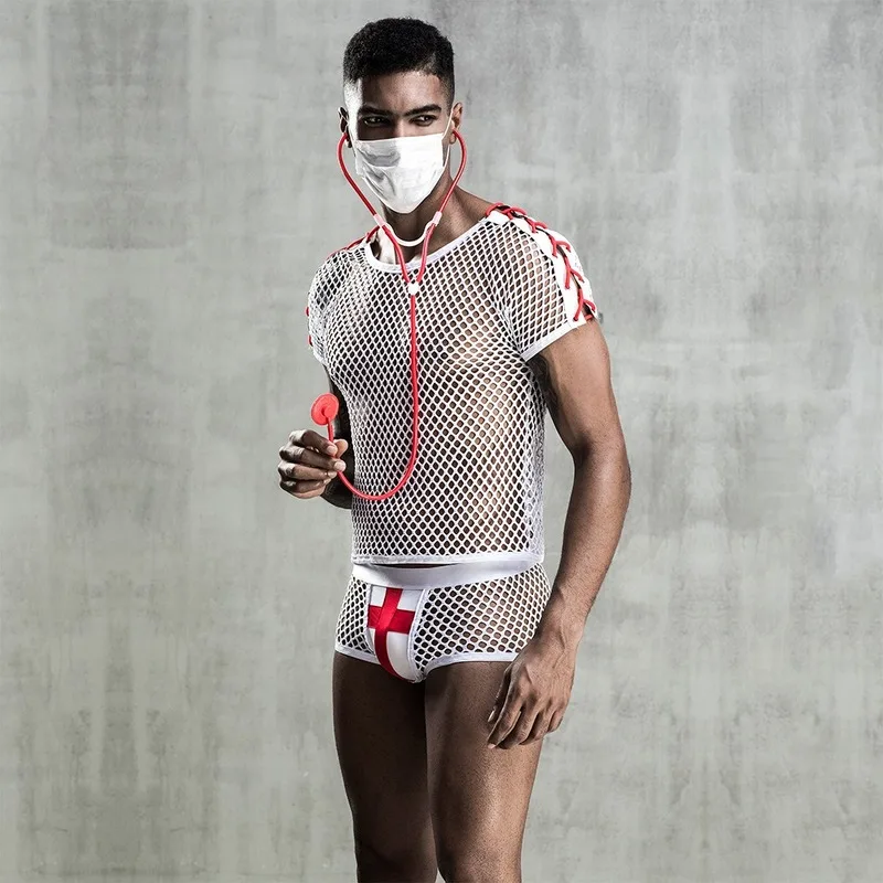 

2021 Male Doctor Sexy Uniform Sexy Male Nurse Mesh Erotic Lingerie Uniform White Bar Performance Male Doctor Cosplays Costume