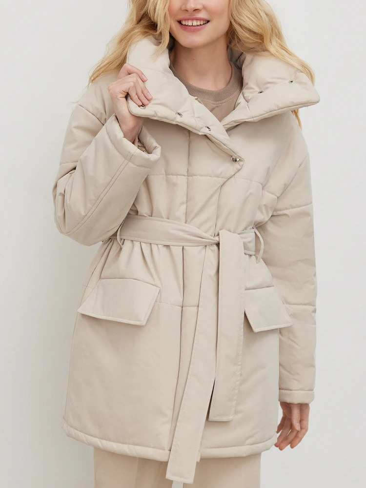 

Women's Winter Parkas 2023 Oversize Button Cotton Padded Coat with Belt Casual Soft Straight Beige Thick Warm Jacket for Women