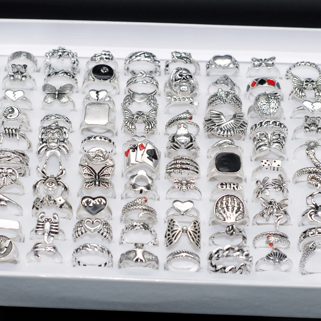 

Wholesale 50/100pcs Animals Punk Mixed Metal Rings Bulk Women Men Finger Band Antique Silver Spider Snake Gothnic Jewelry Gift