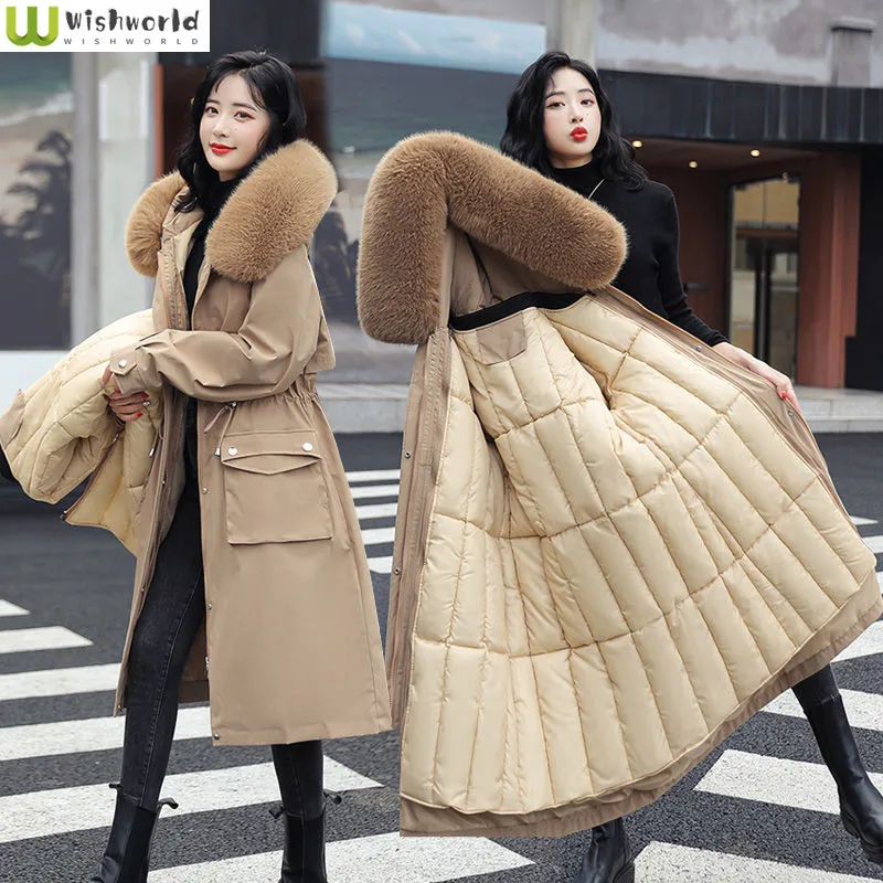 Women's Winter Hooded Faux Fur Collar Jacket Women's Medium Long Waistline Slim Large Pocket Cotton Jacket Women's Coat