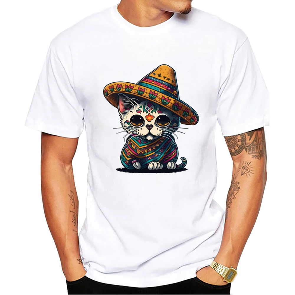 TEEHUB Oansatz Kurzarm Männlich Casual Männer Kleidung Vintage Streetwear Mexikanische Zucker Schädel Katze Sombrero Druck männer T-Shirt – Detail 1