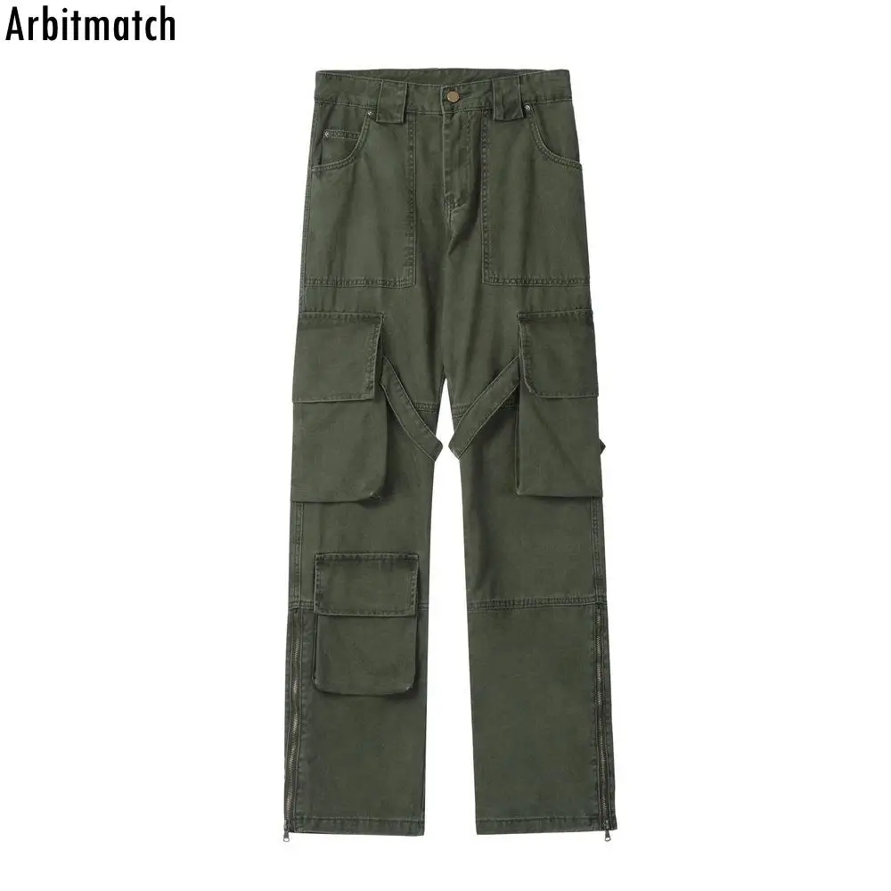 

Men Vintage Fashion Zipper Trousers Sweatpants Multi Pocket Wide Leg Cargo Pants Mens Casual Trousers Hip Hop Streetwear K8873