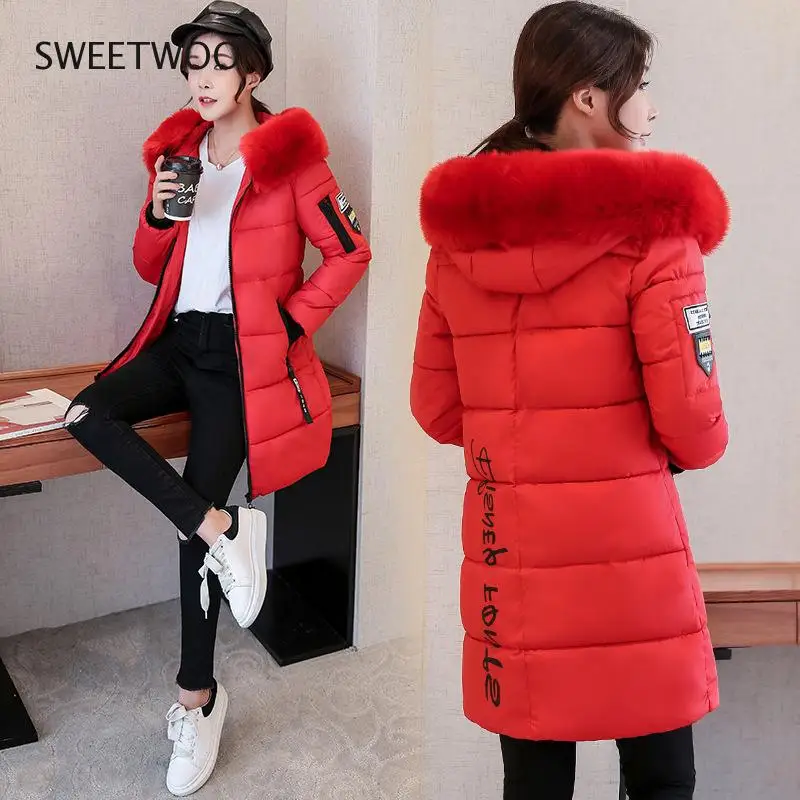2022 New Korean Style Big Faux Fur Collar Down Jacket Coat Parkas Lolita Slim Winter Mid-Length Fashionable Cotton Women Zipper
