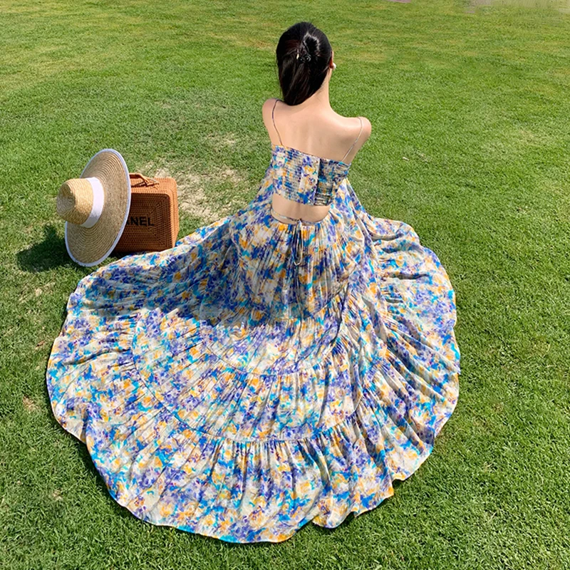 

Новинка 2023, женский пляжный сарафан с оборками и открытой спиной, летнее элегантное приталенное Цветочное платье в стиле ретро для отпуска, ...