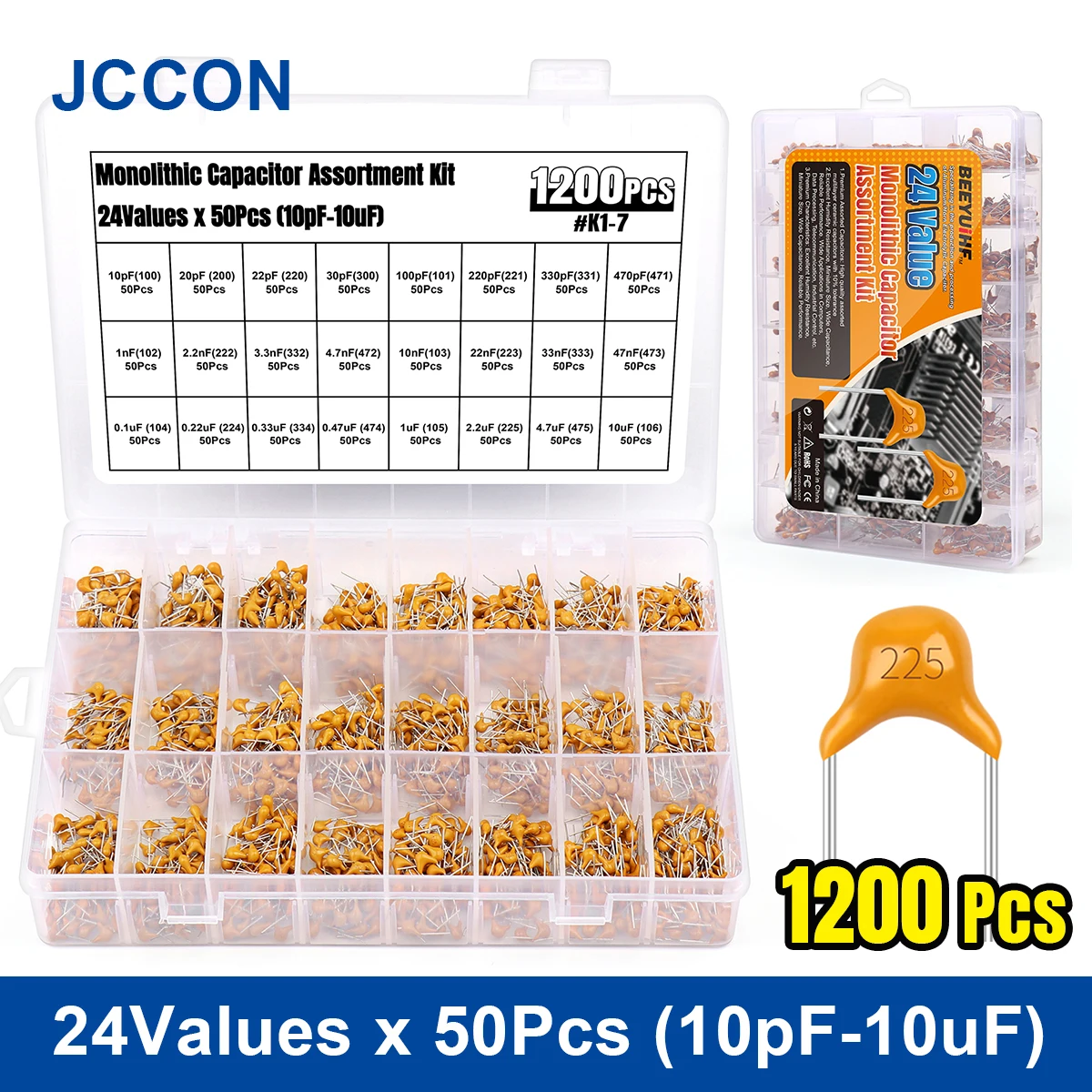 

1200Pcs JCCON Monolithic Ceramic Capacitor Assortment Kit 24Values x 50Pcs 10pF~470pF 1nF~47nF 0.1uF~10uF Capacitor Kits