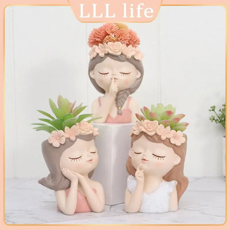 

Desktop Potted Flower Pot Cute Girl Resin Flowerpot Gardening Landscape Cactus Planter Succulent Planter Tabletop Ornament Home